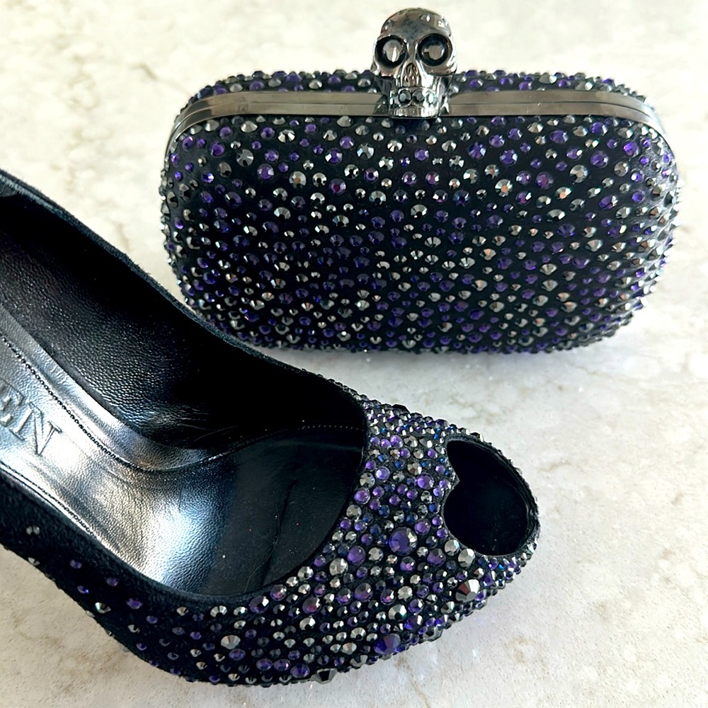 Alexander McQueen, black suede, embellished peep, toe pumps, and clutch set